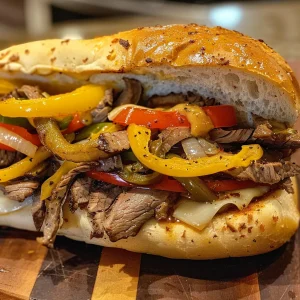 A succulent Philly cheesesteak sandwich featuring soft hoagie rolls and fresh vegetables.