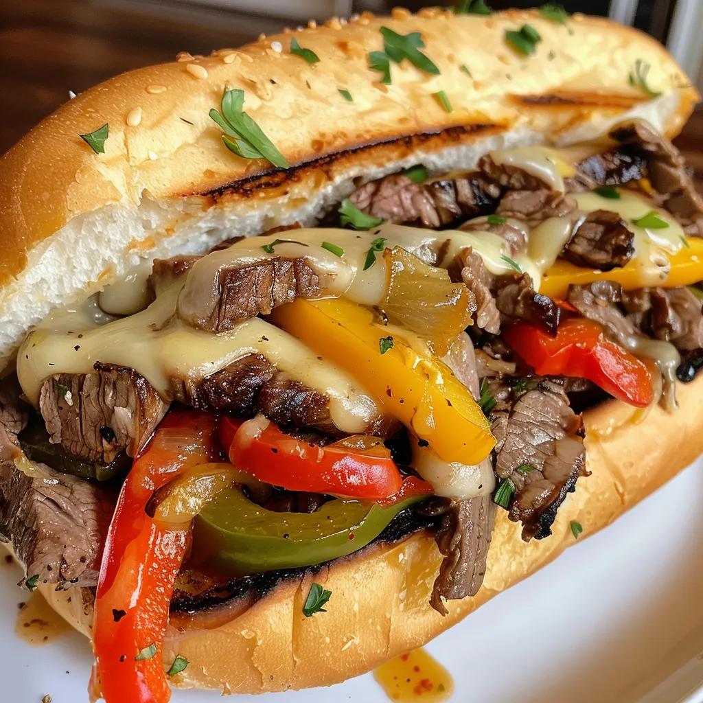 Gourmet Philly cheesesteak with melted provolone and sautéed peppers, captured in rich detail.