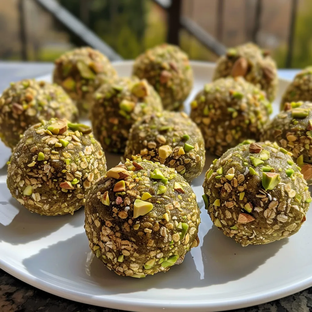 Detailed close-up image of green pistachio protein balls sprinkled with crushed pistachios.