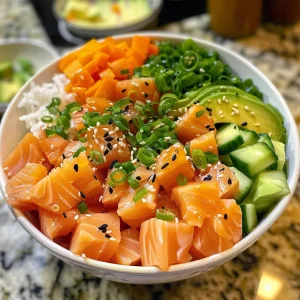 Vibrant Poke Bowl with cubed salmon, avocado, and a mix of sushi rice and vegetables.