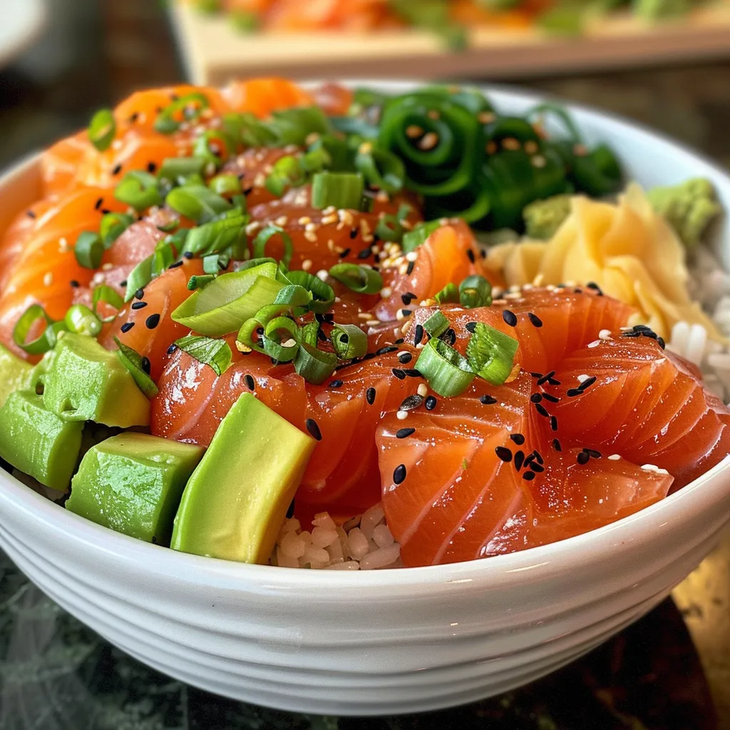 Detailed image of a Poke Bowl showcasing salmon, avocado, and garnished with sesame seeds.