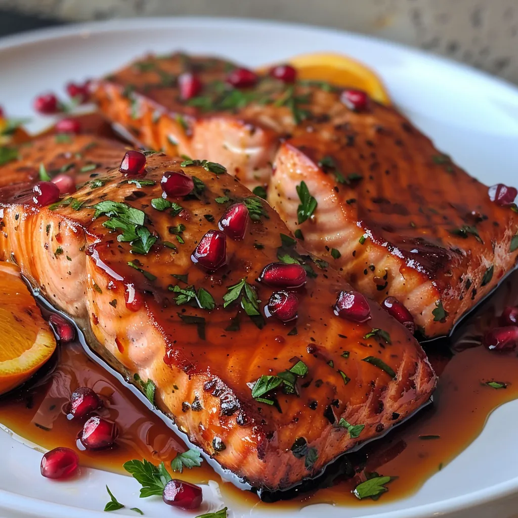 A side view of pomegranate and orange glazed salmon, showcasing its juicy texture and colorful toppings.