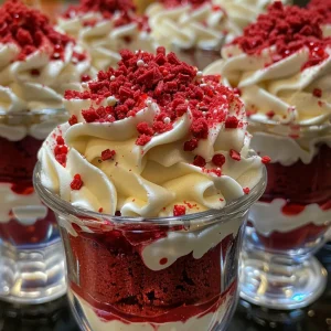 Beautiful red velvet cheesecake parfait topped with whipped cream and sprinkles.