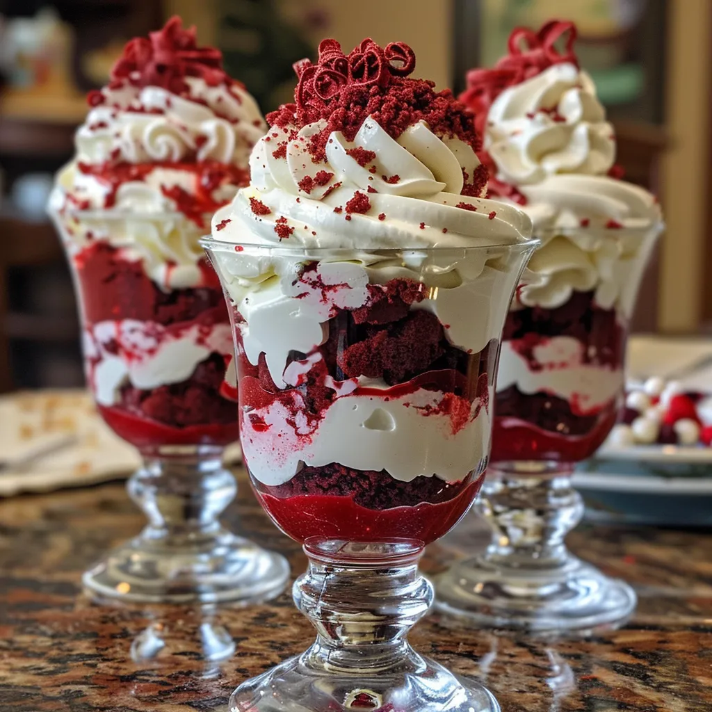 Layered dessert featuring red velvet cake and creamy cheesecake in elegant glasses.