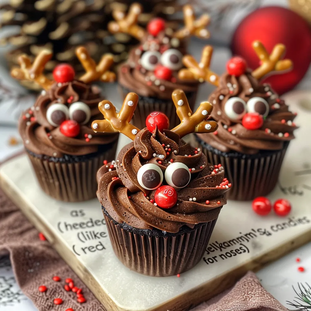 Side view of reindeer-themed cupcakes featuring chocolate frosting and mini pretzel antlers.