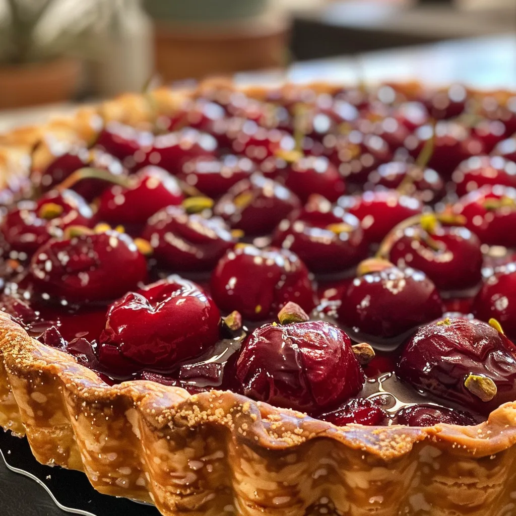 Side view of a cherry tart showcasing its rich filling and crust.