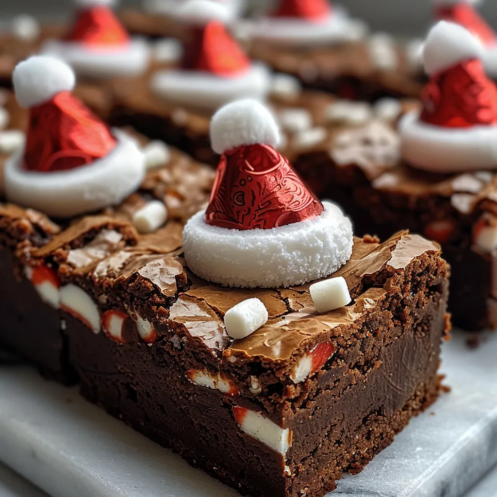 A delicious brownie dessert designed to look like a Santa hat, featuring red and white colors.