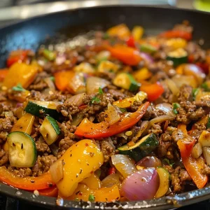 A vibrant skillet filled with ground beef, bell peppers, and zucchini.