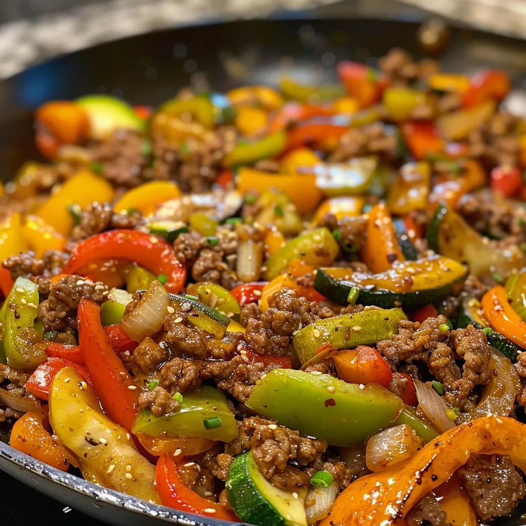 Freshly cooked beef and mixed vegetables in a non-stick skillet.