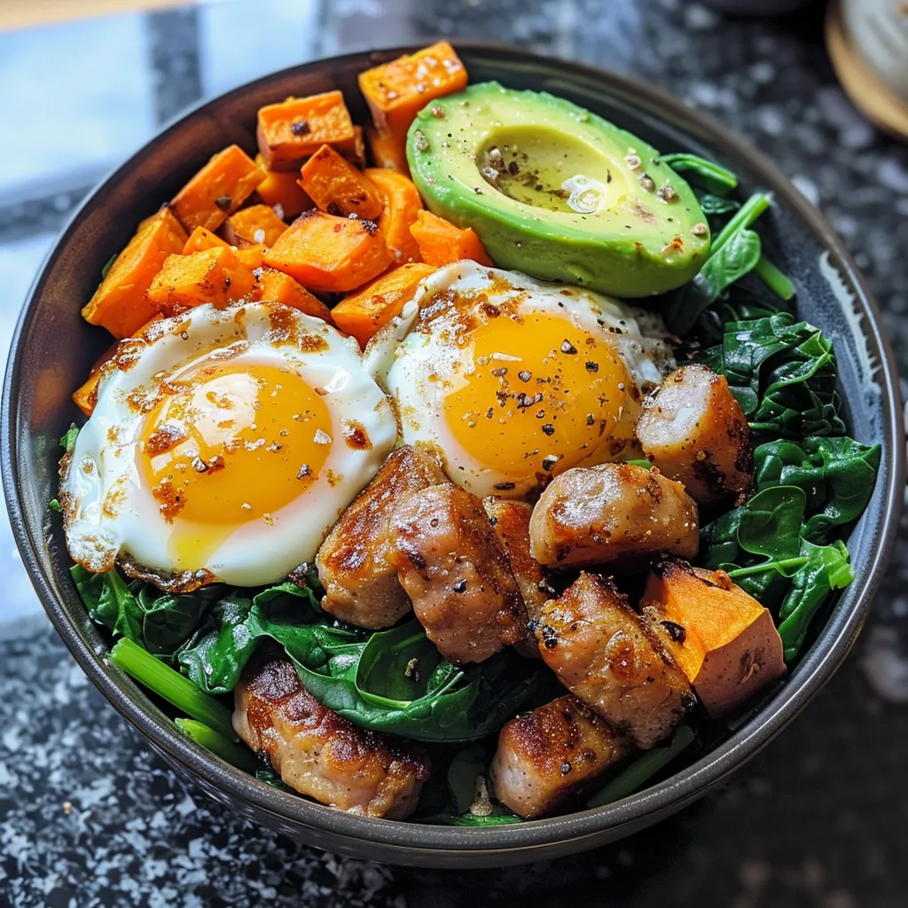 Juicy and appetizing Savory Breakfast Power Bowl showcasing fresh ingredients like sweet potatoes and eggs.