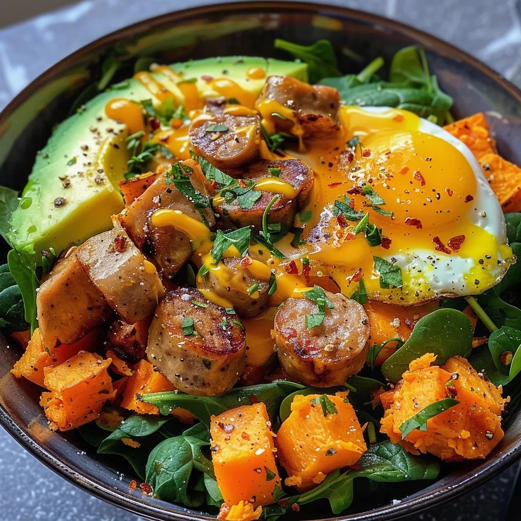 Close-up of a healthy breakfast bowl packed with vegetables, proteins, and vibrant colors.