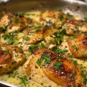 Savory garlic chicken garnished with fresh parsley in a frying pan.