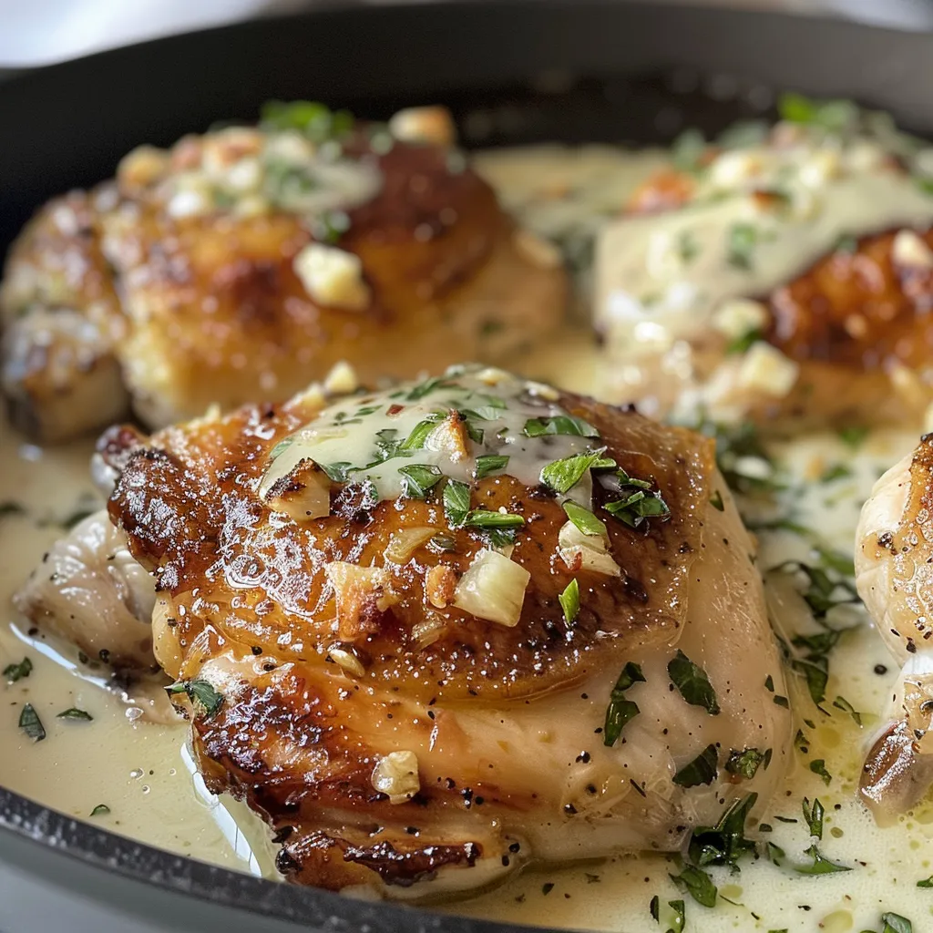 Skillet filled with succulent chicken cooked in a rich garlic cream sauce.