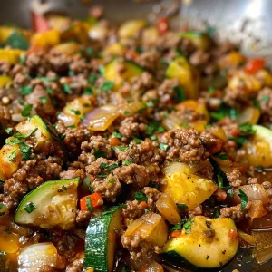 Juicy ground beef mixed with zucchini and onions in a frying pan.