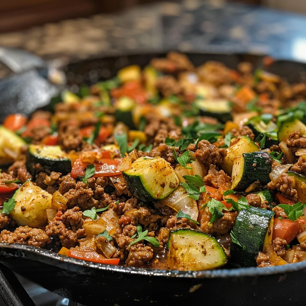 A vibrant Mediterranean dish, featuring ground beef and assorted vegetables in a skillet.