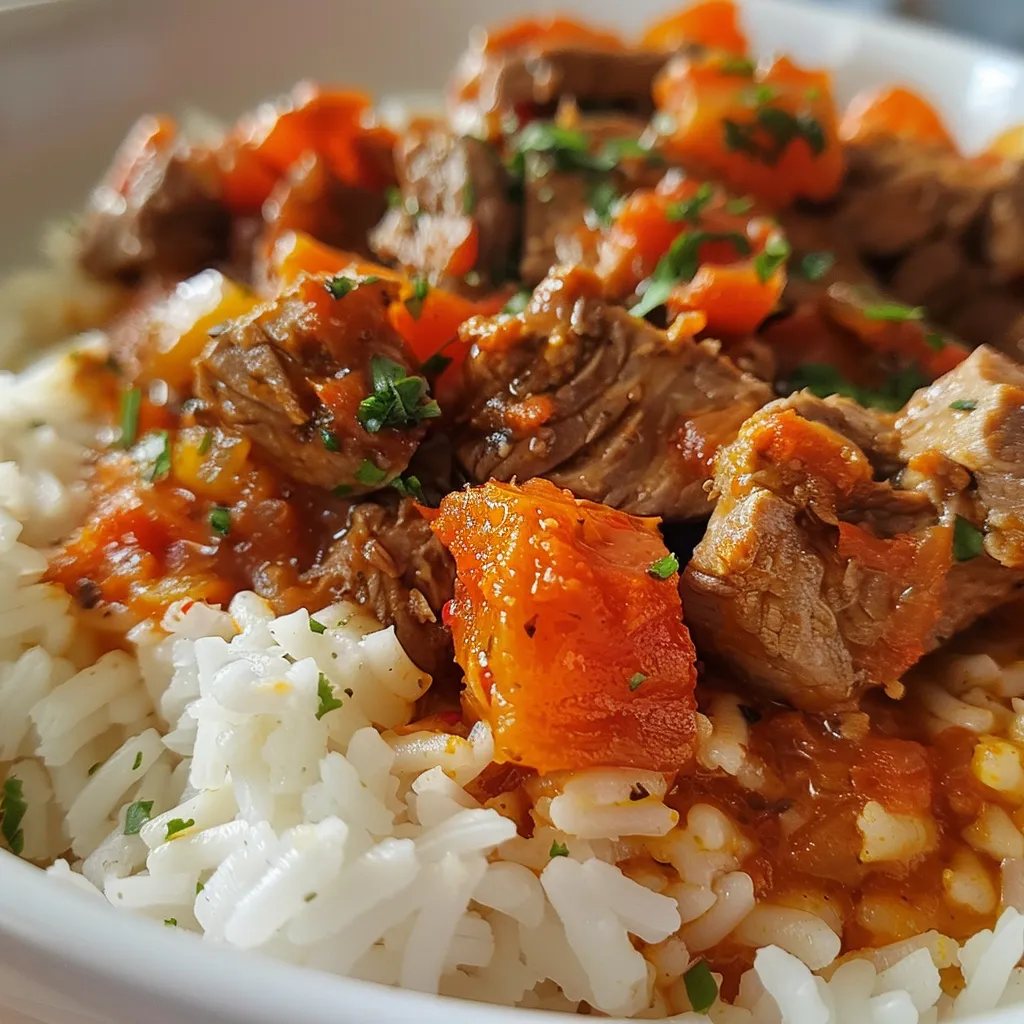 Side profile of Serbisches Reisfleisch showcasing rich colors and textures.