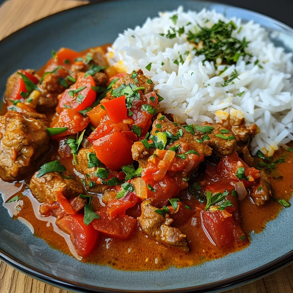 Delicious plate of Serbisches Reisfleisch with vibrant ingredients.