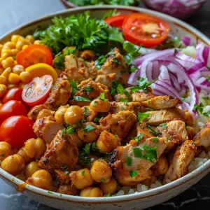 Side view of a delicious Shawarma Chicken Bowl displaying vibrant ingredients and a drizzle of lemon sauce.