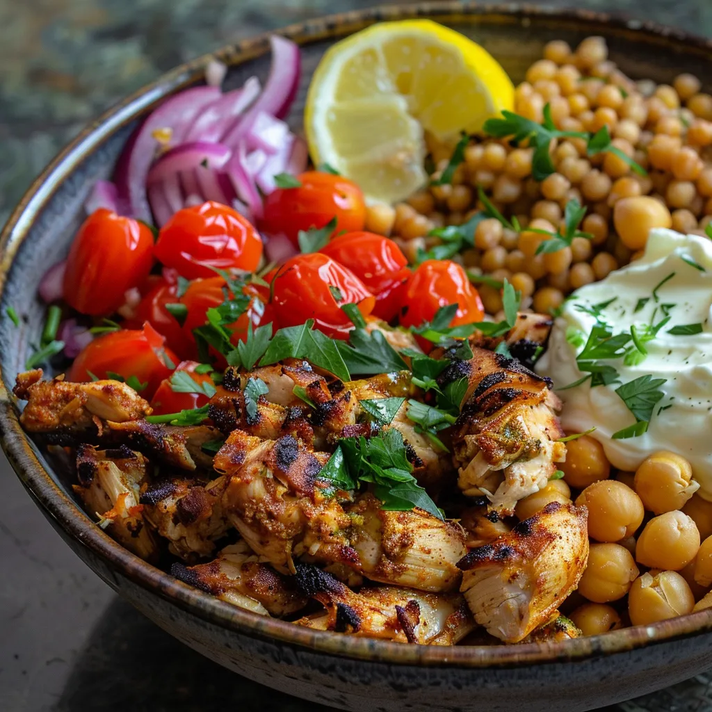 Tasty Shawarma Chicken Bowl showing crispy chickpeas and a medley of fresh vegetables.