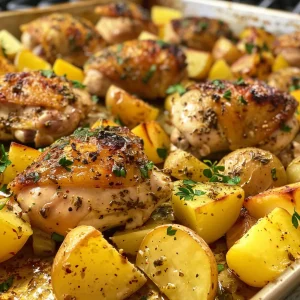 Crispy skin chicken thighs with quartered yellow potatoes on a pan.