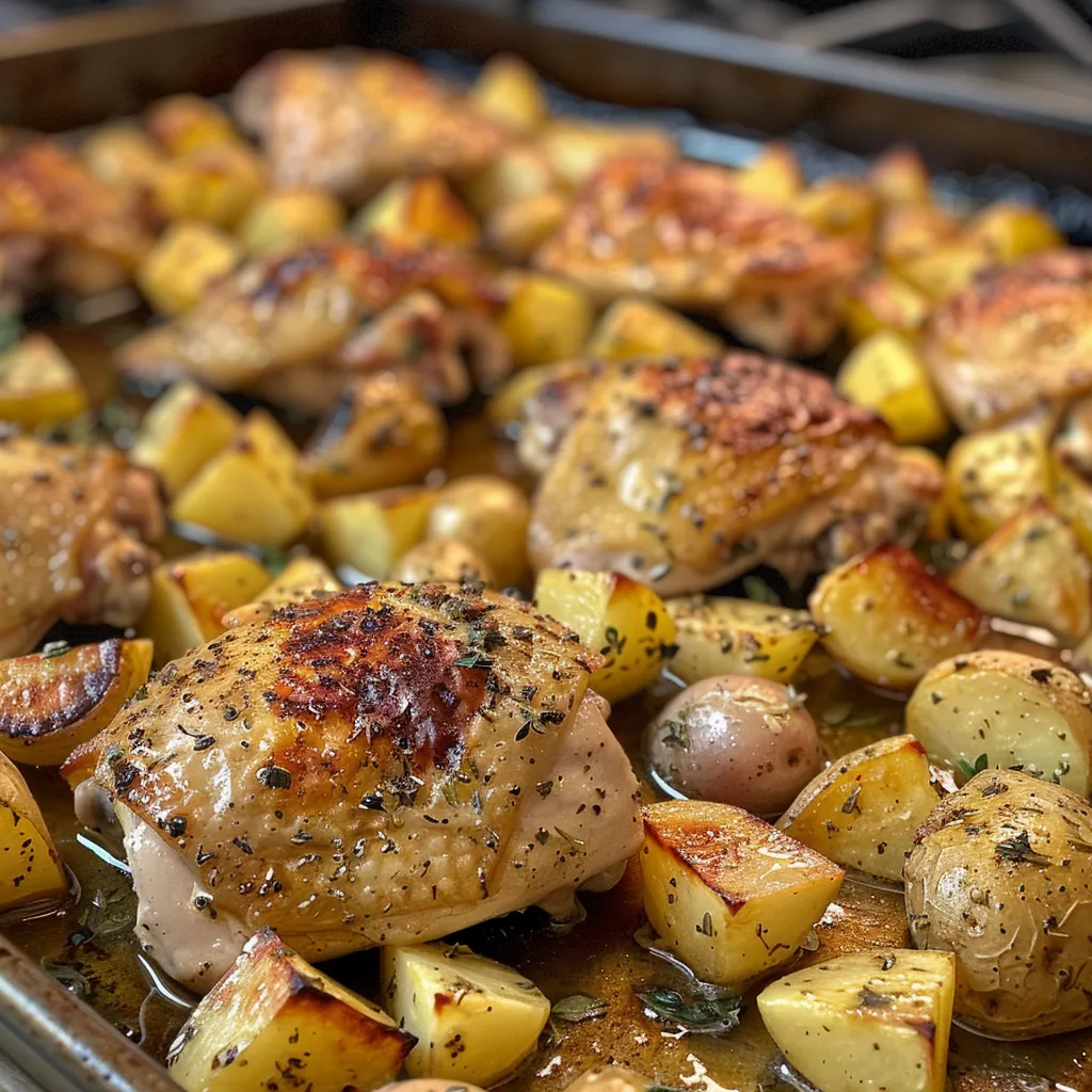 Delicious golden-brown chicken and potatoes, ready to serve.