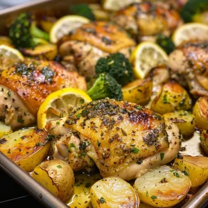 Side view of Sheet Pan Lemon Garlic Chicken with vibrant roasted veggies.