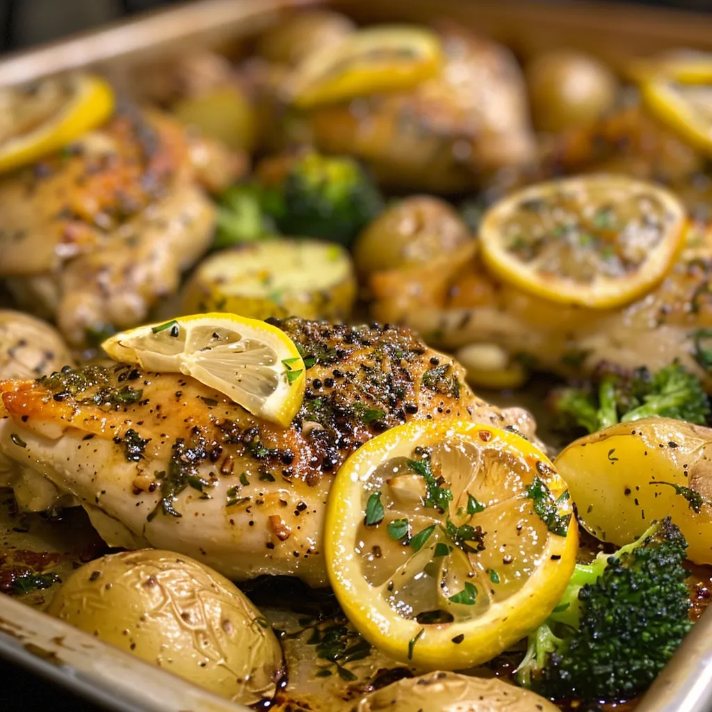 Delicious and colorful tray of lemon garlic chicken alongside halved potatoes and green broccoli.