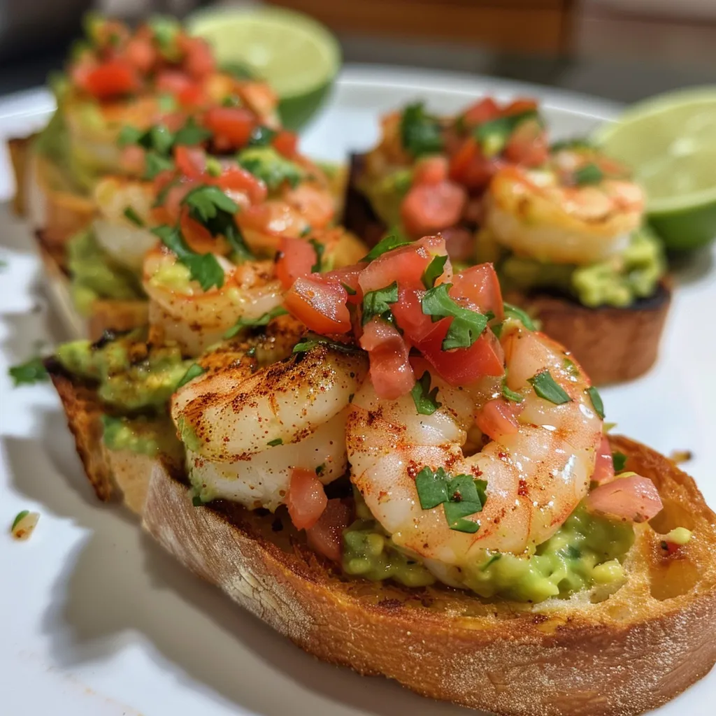 A side perspective of Shrimp Crostini showcasing shrimp, guacamole, and vibrant pico de gallo.