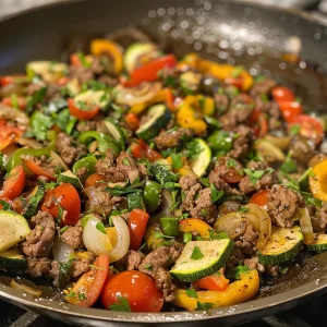 Juicy Speedy Beef Veggie Skillet showcasing a mix of vegetables and spices in a frying pan.