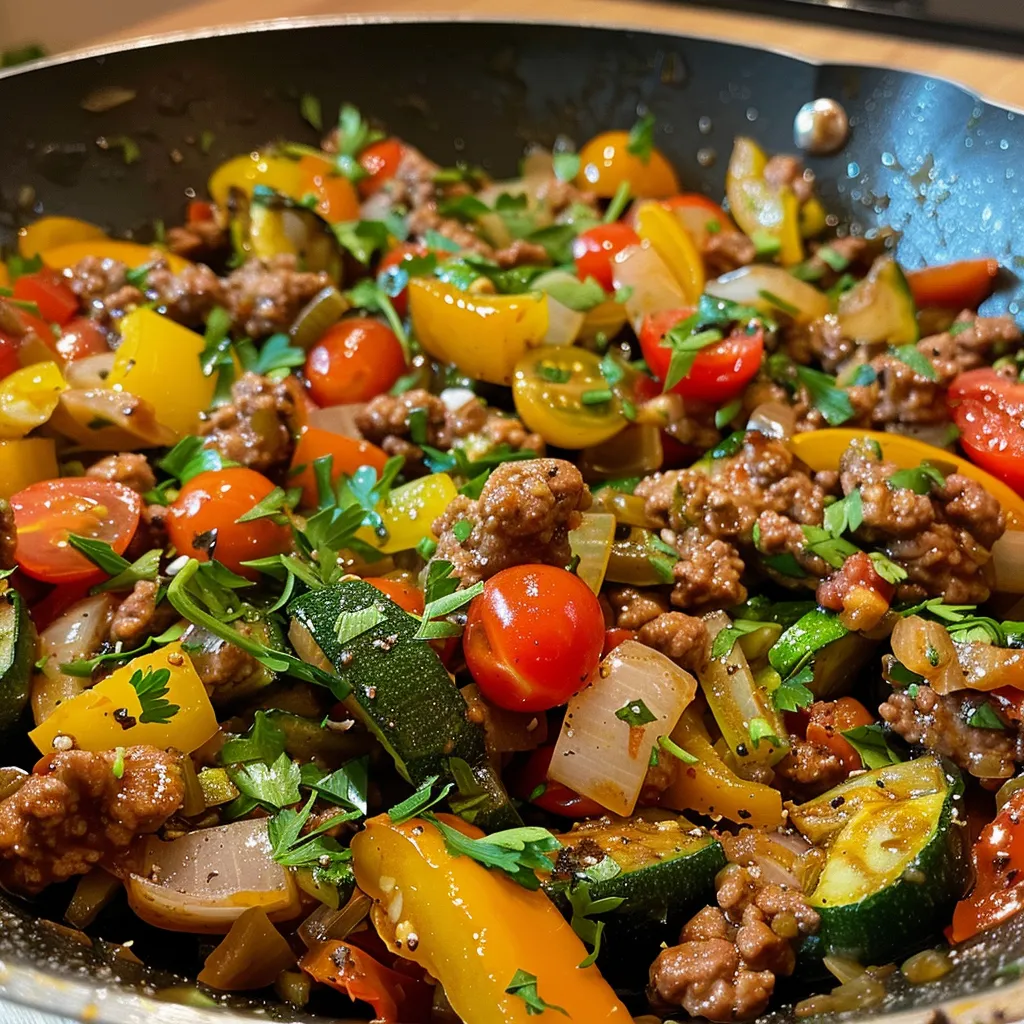 Detailed close-up of a savory beef and veggie mix with fresh greens and herbs in a skillet.