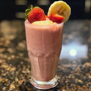 A thick, creamy strawberry banana smoothie, captured in a glass with a straw.