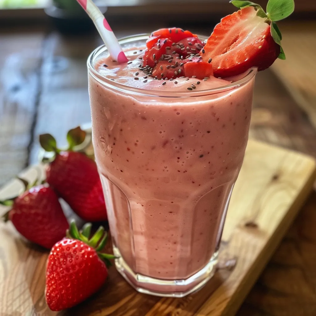Juicy strawberry banana smoothie displayed on a wooden table, showcasing its rich texture.
