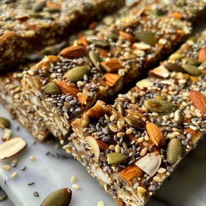 Delicious Superfood Granola Bars showcasing a mix of seeds and shredded coconut.