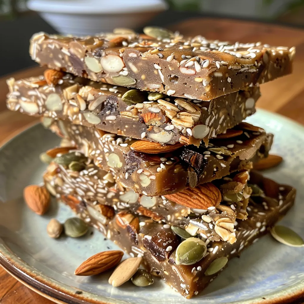 Colorful granola bars filled with fruits, nuts, and dark chocolate.