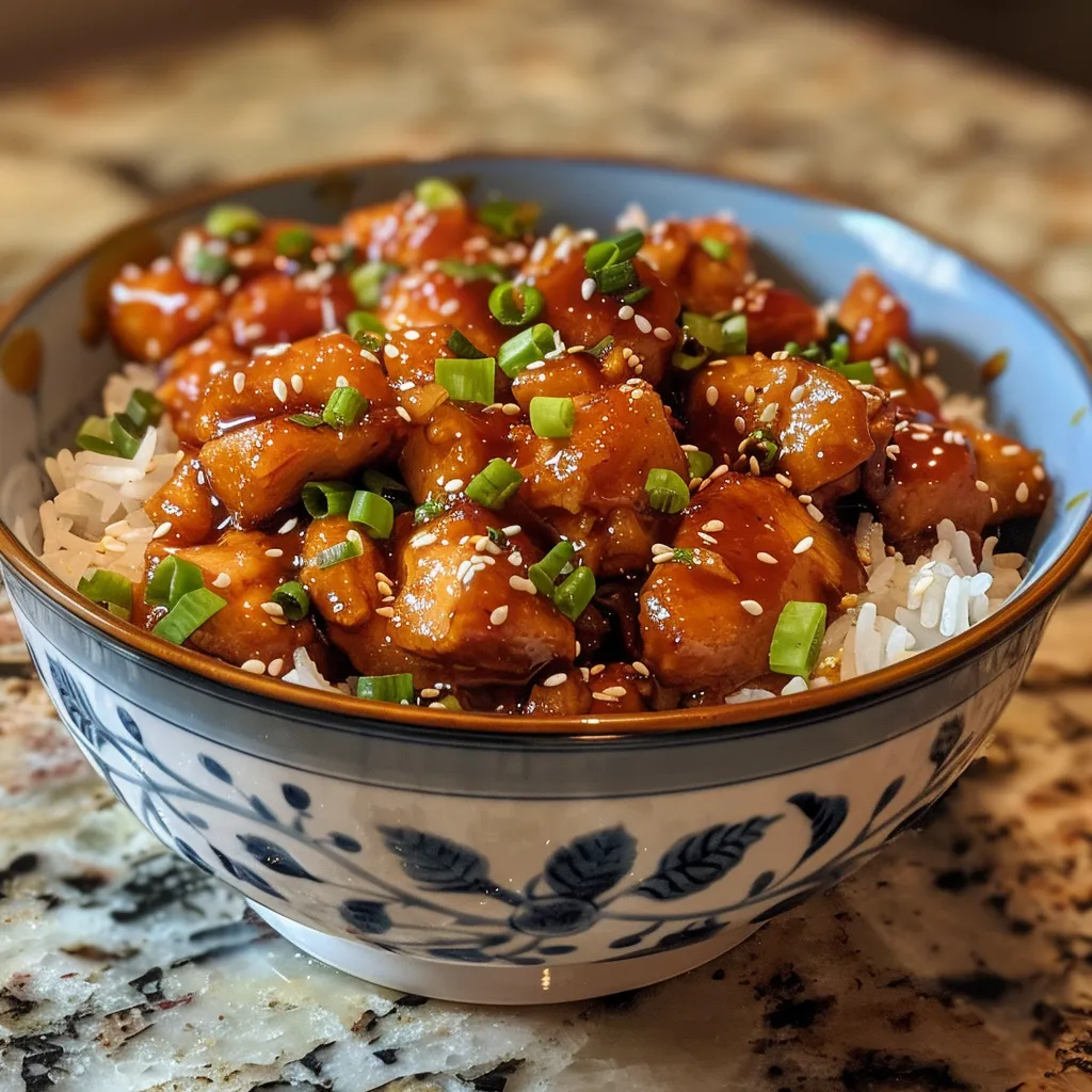 Detailed image of Sweet Chili Chicken with a sticky sauce, highlighted with chopped green onions and sesame seeds.