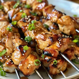 Grilled Teriyaki chicken skewers garnished with green onions and sesame seeds.