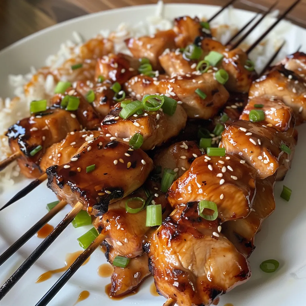 A delightful side view of skewered chicken thighs coated in a rich sauce.