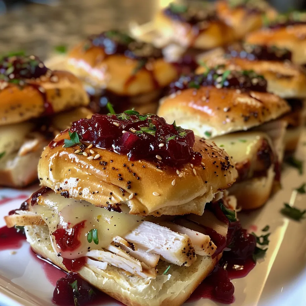 Appetizing turkey cranberry slider showcasing melted cheese and sauce.