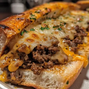 Delicious Ultimate Cheesy Ground Beef Melt with golden-brown crust and gooey cheese.