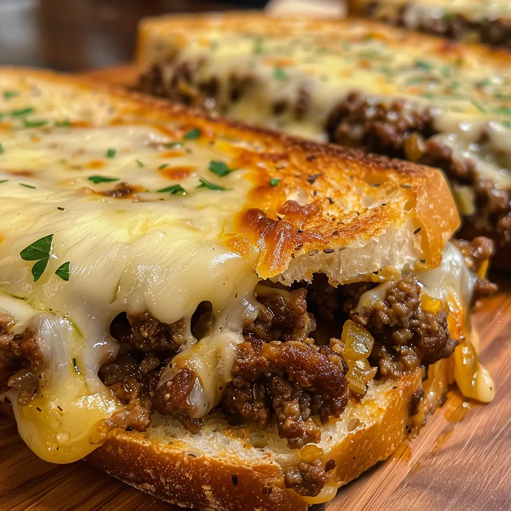 Appetizing ground beef melt featuring cheddar and mozzarella cheese on toasted bread.