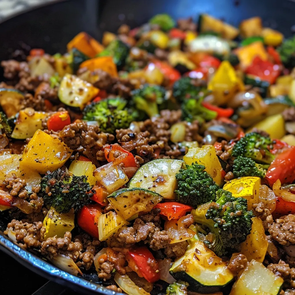 A vibrant Vegetable Beef Skillet filled with diced zucchini, red bell pepper, and ground beef.