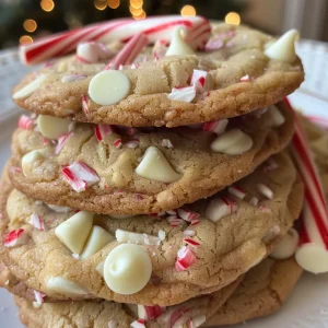 Delicious white chocolate cookies adorned with crushed candy canes, showcasing a crunchy topping.