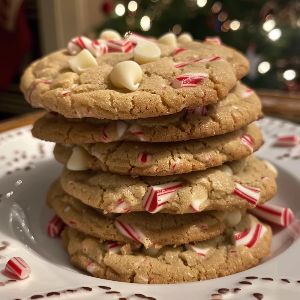 Juicy white chocolate candy cane cookies displayed on a plate, highlighting their soft texture.