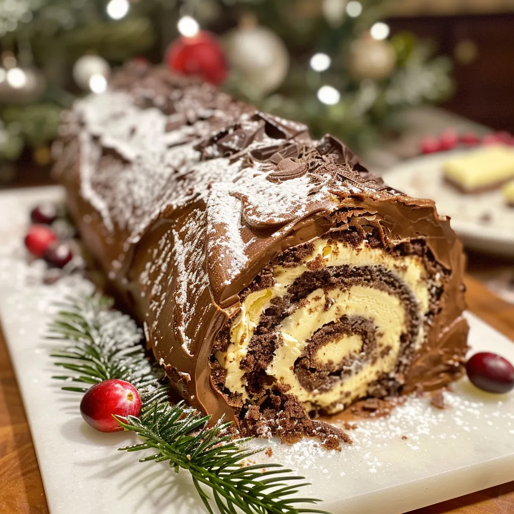 Detailed shot of a Yule Log, featuring a smooth chocolate exterior and festive embellishments.