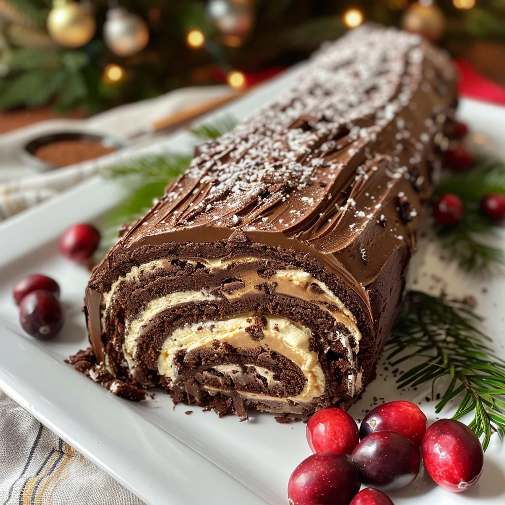 Elegant presentation of a Yule Log dessert, highlighting its creamy filling and winter-themed decorations.
