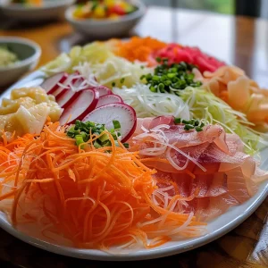 Detailed close-up of Yusheng, highlighting the juicy ingredients including fish and vegetables.