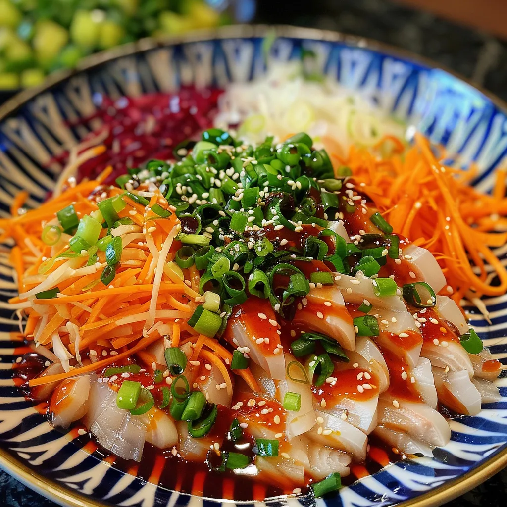 Artistic capture of Yusheng, focusing on the textures and colors of the raw fish and mixed vegetables.