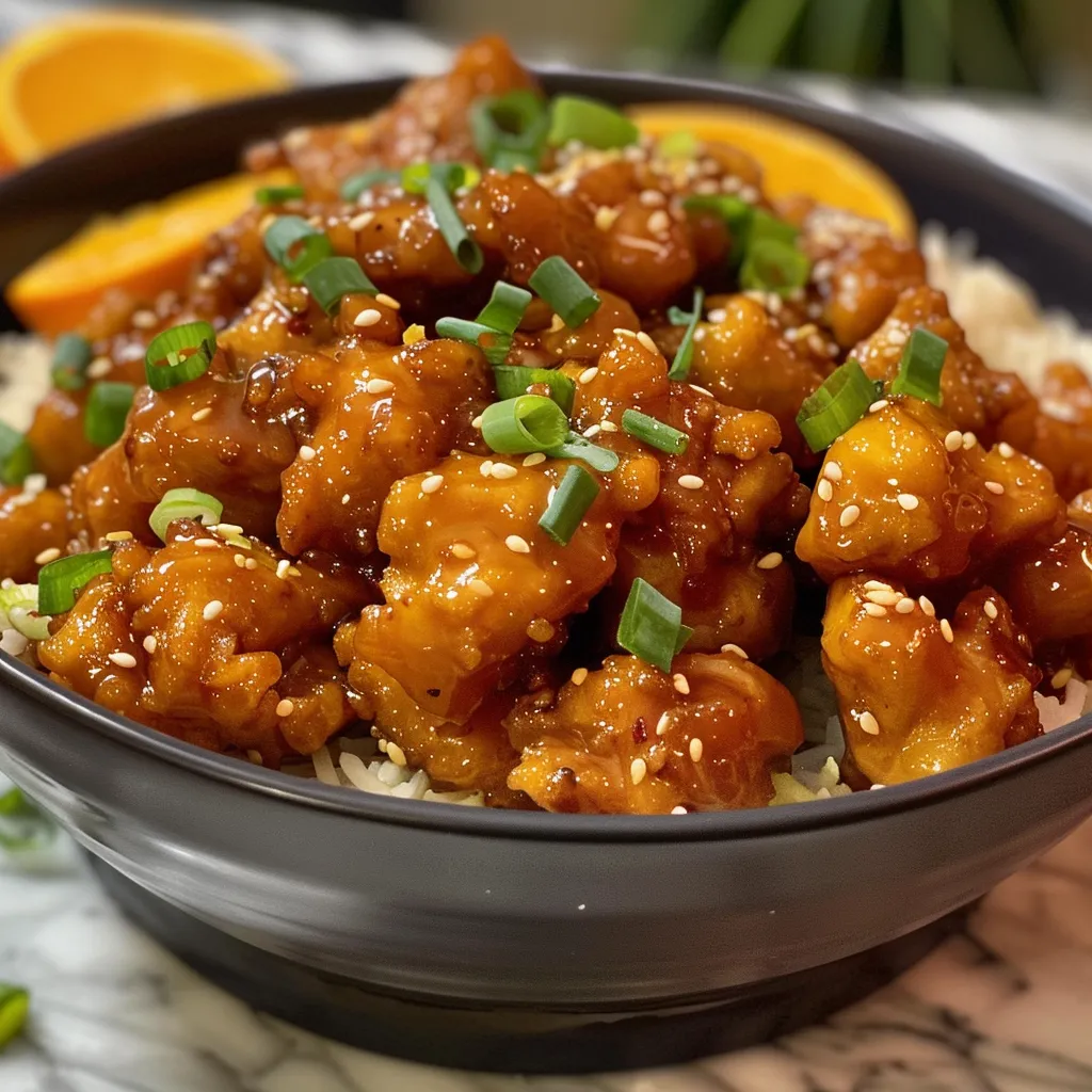 Detailed shot of cooked orange chicken pieces surrounded by bright orange sauce and garnishes.