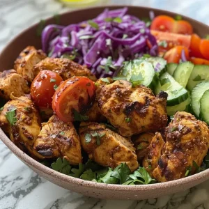 Colorful Keto Shawarma Chicken Bowl with diced cucumbers, cherry tomatoes, and shredded cabbage.