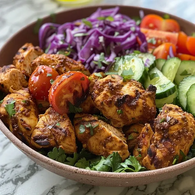 Colorful Keto Shawarma Chicken Bowl with diced cucumbers, cherry tomatoes, and shredded cabbage.